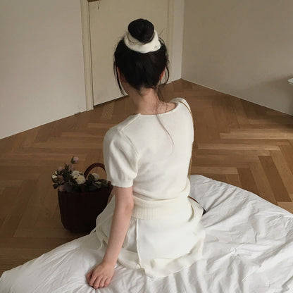 V領短袖針織+髮圈