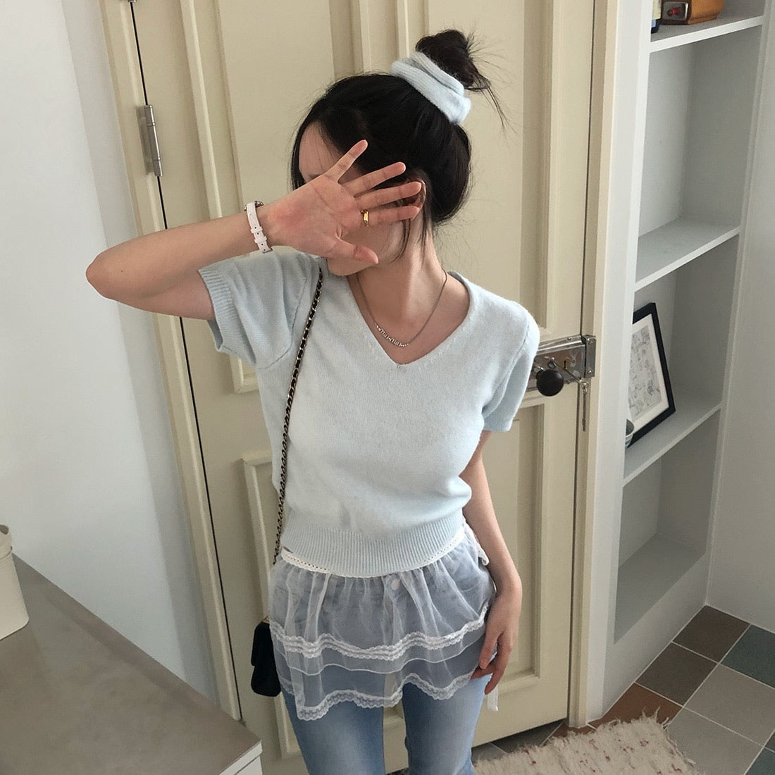 V領短袖針織+髮圈