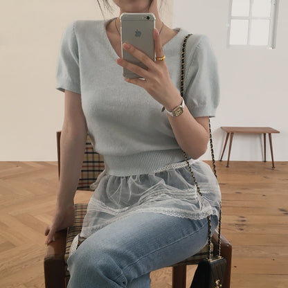 V領短袖針織+髮圈