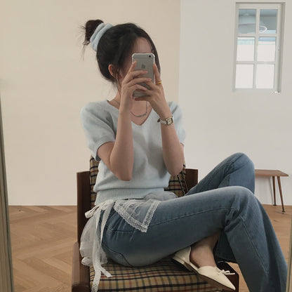 V領短袖針織+髮圈