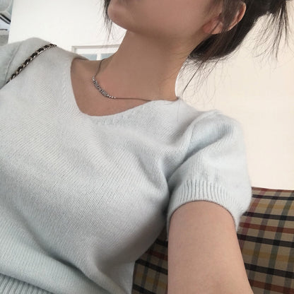 V領短袖針織+髮圈