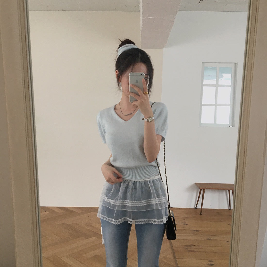 V領短袖針織+髮圈