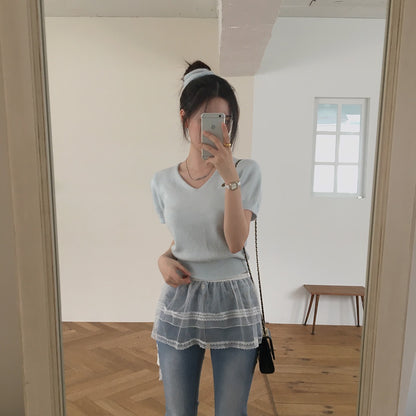 V領短袖針織+髮圈