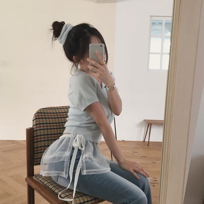 V領短袖針織+髮圈