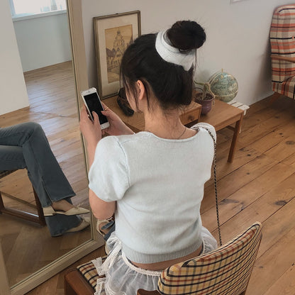 V領短袖針織+髮圈