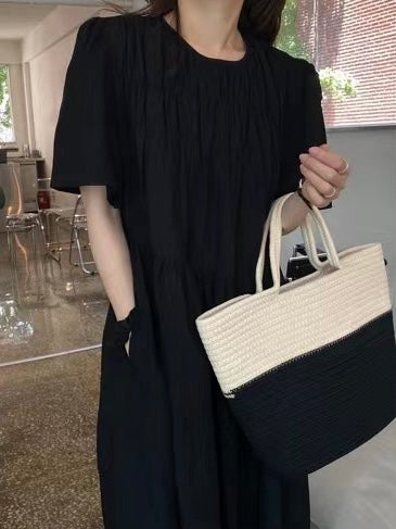 ラウンドネックプリーツ感コットンリネンワンピース