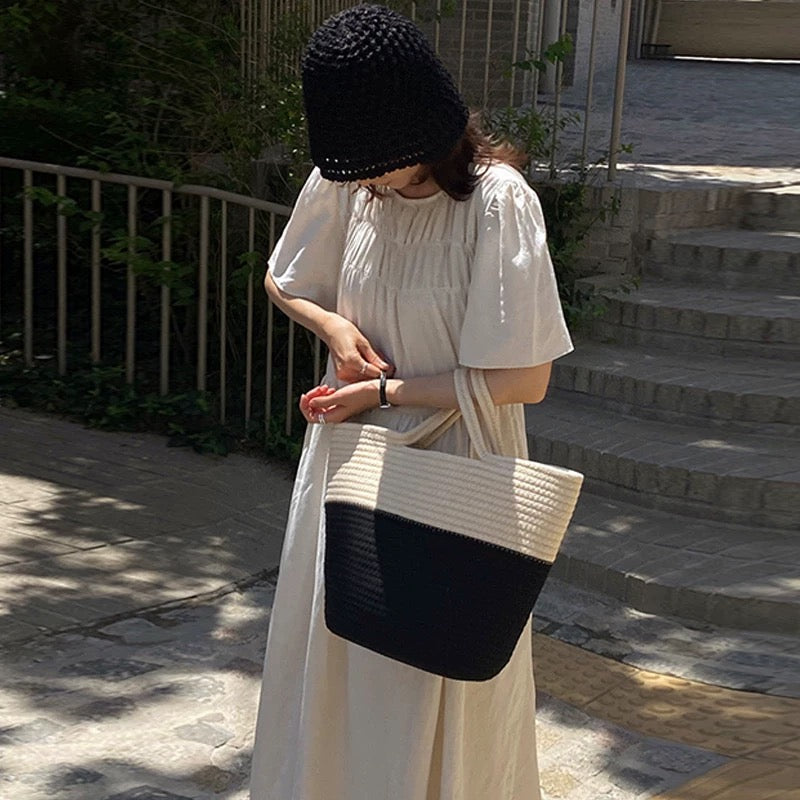 ラウンドネックプリーツ感コットンリネンワンピース