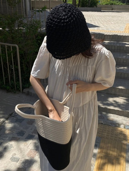 ラウンドネックプリーツ感コットンリネンワンピース