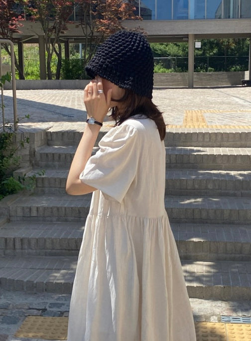 ラウンドネックプリーツ感コットンリネンワンピース