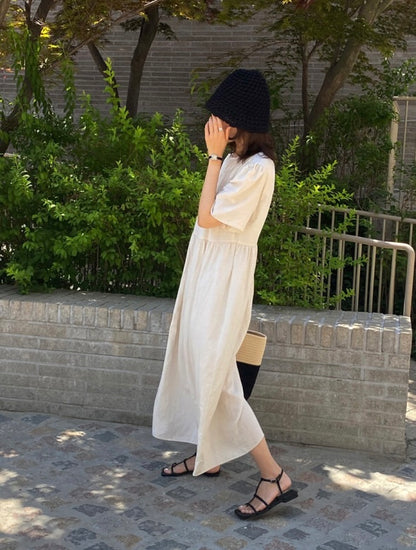 ラウンドネックプリーツ感コットンリネンワンピース