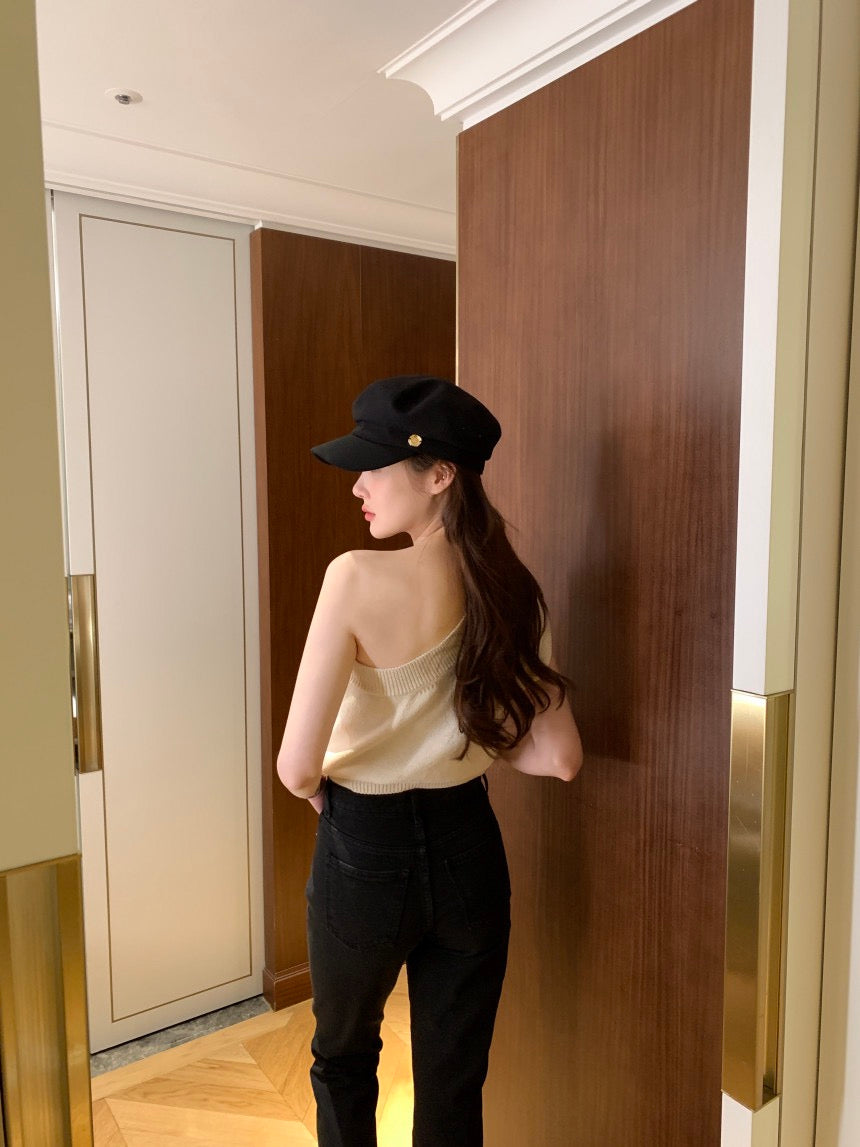 French Off-Shoulder Sleeveless Knit Top