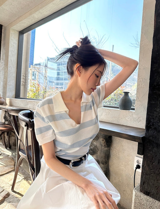 簡約翻領條紋top