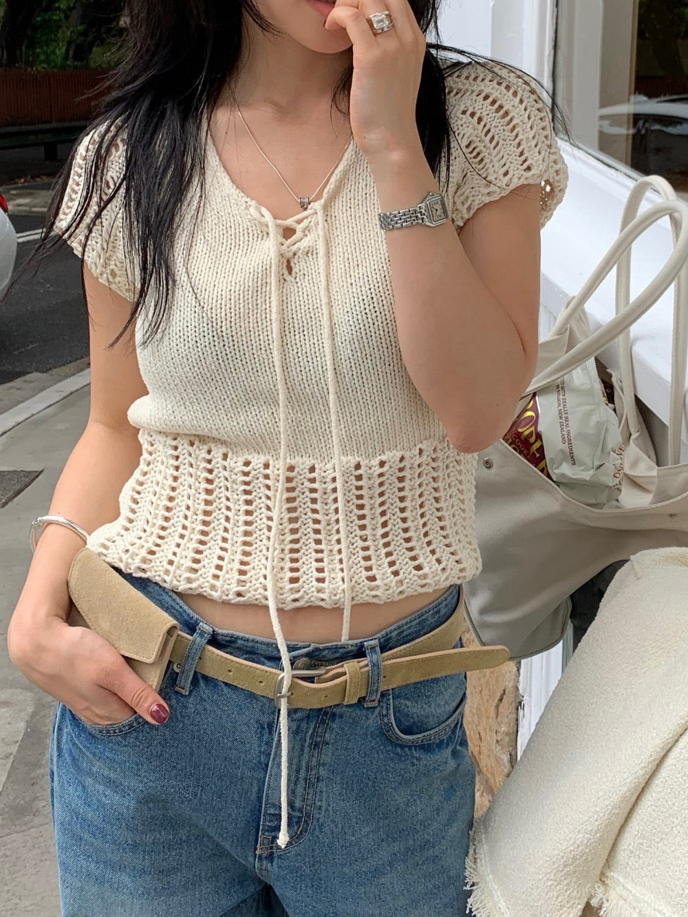 透かし編みトップ