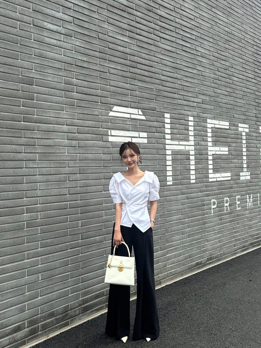 Striped Waist-Slimming Puff Sleeve Blouse