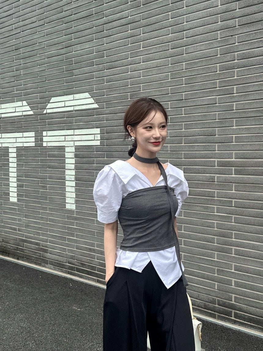 Striped Waist-Slimming Puff Sleeve Blouse