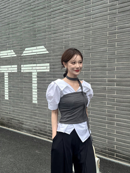 Striped Waist-Slimming Puff Sleeve Blouse