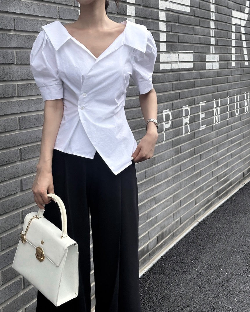 Striped Waist-Slimming Puff Sleeve Blouse