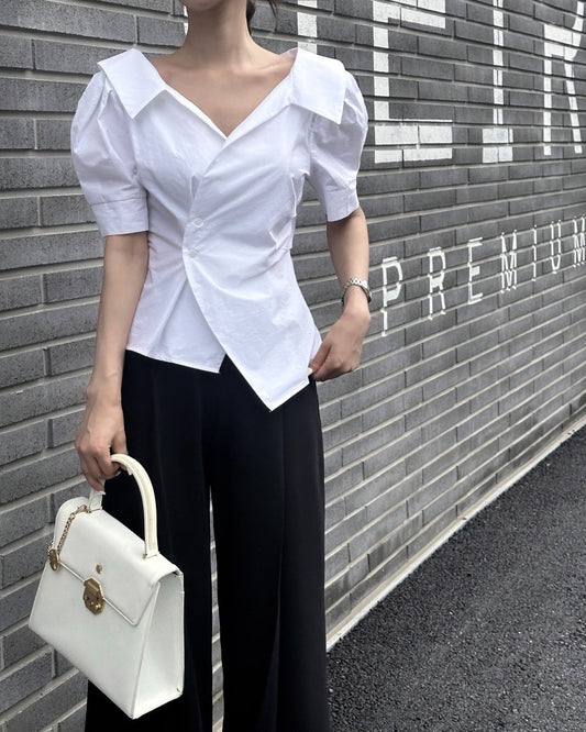 Striped Waist-Slimming Puff Sleeve Blouse