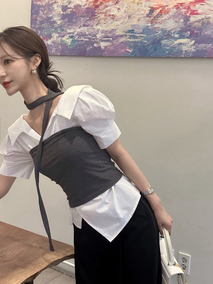 Striped Waist-Slimming Puff Sleeve Blouse