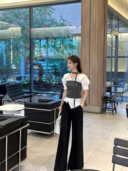 Striped Waist-Slimming Puff Sleeve Blouse