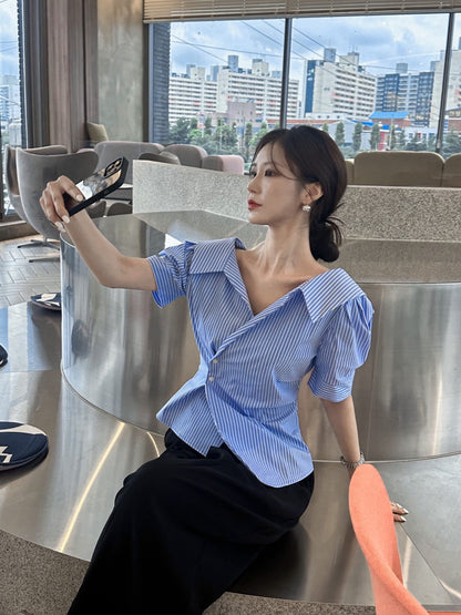 Striped Waist-Slimming Puff Sleeve Blouse