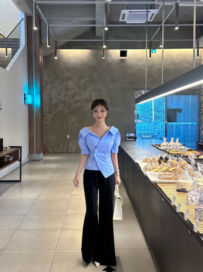 Striped Waist-Slimming Puff Sleeve Blouse