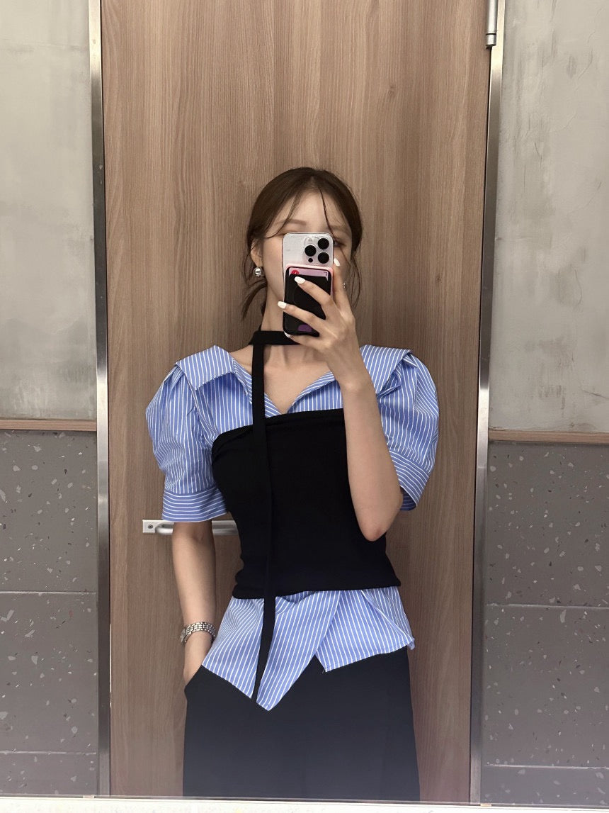 Striped Waist-Slimming Puff Sleeve Blouse