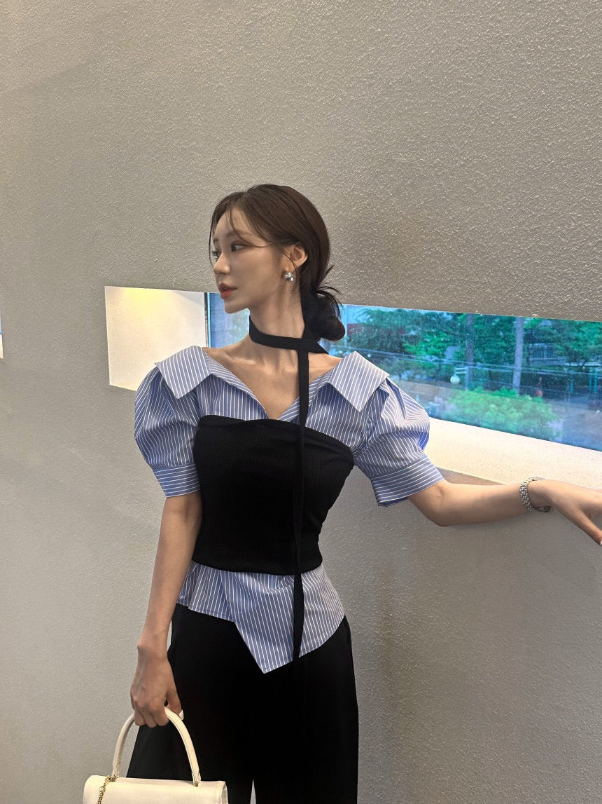 Striped Waist-Slimming Puff Sleeve Blouse