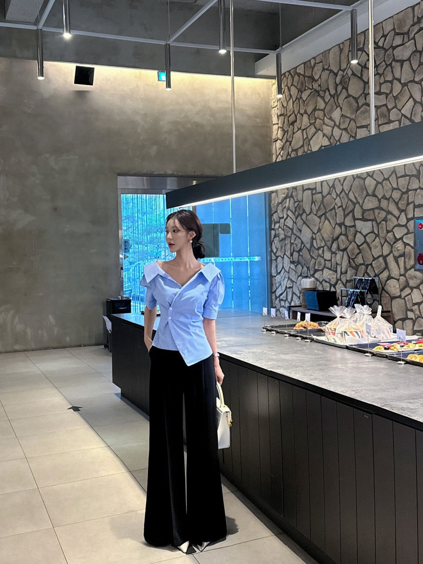 Striped Waist-Slimming Puff Sleeve Blouse