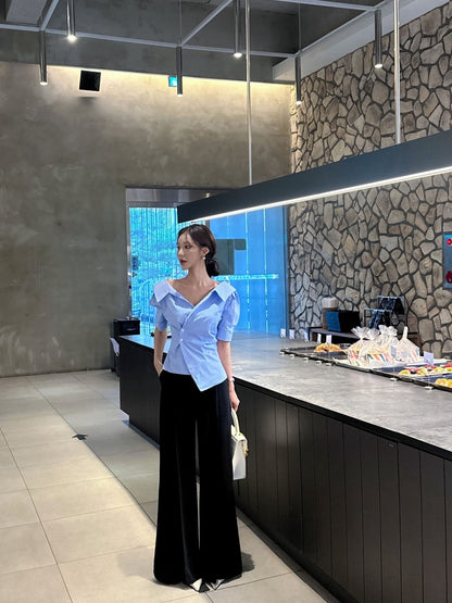 Striped Waist-Slimming Puff Sleeve Blouse