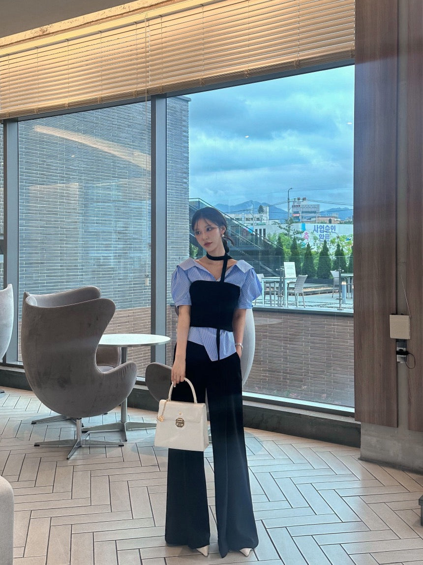 Striped Waist-Slimming Puff Sleeve Blouse