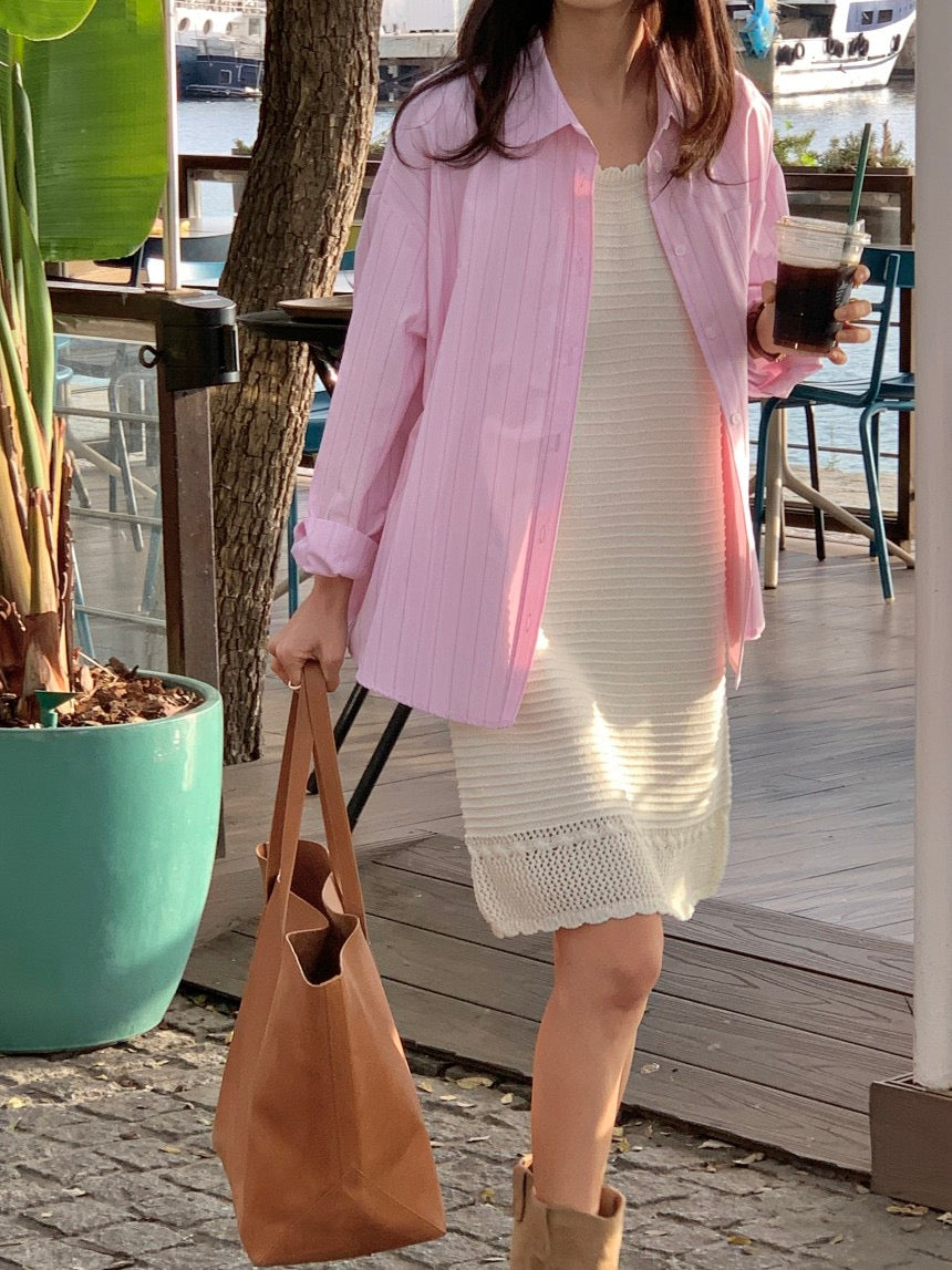 Sleeveless Crochet Knit Dress + Striped Shirt Set