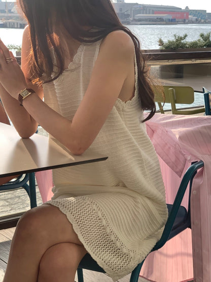 Sleeveless Crochet Knit Dress + Striped Shirt Set