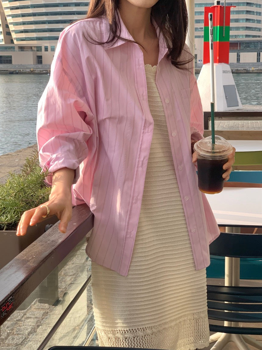 Sleeveless Crochet Knit Dress + Striped Shirt Set