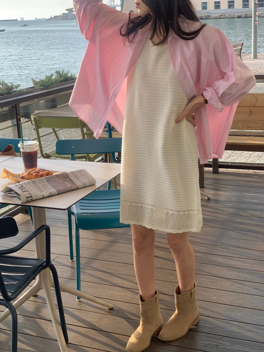 Sleeveless Crochet Knit Dress + Striped Shirt Set