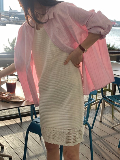 Sleeveless Crochet Knit Dress + Striped Shirt Set