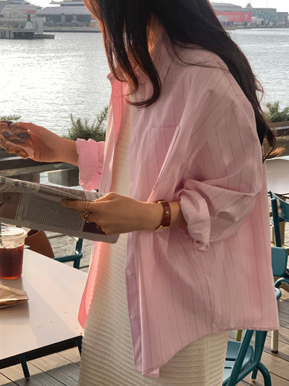 Sleeveless Crochet Knit Dress + Striped Shirt Set