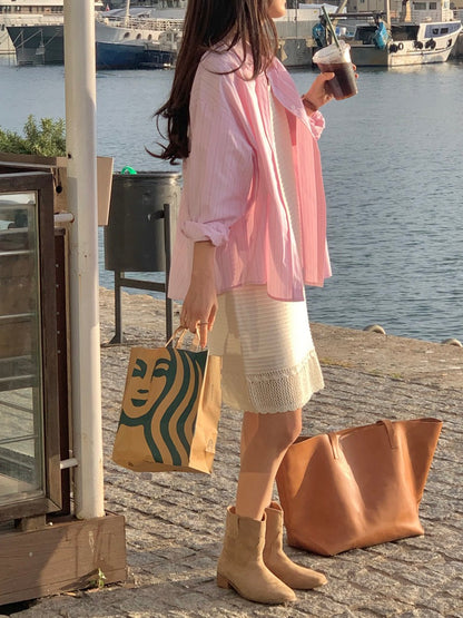 Sleeveless Crochet Knit Dress + Striped Shirt Set