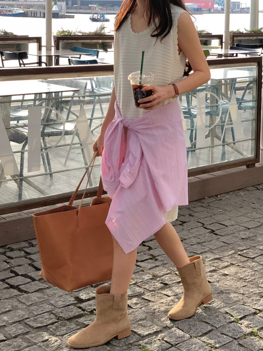 Sleeveless Crochet Knit Dress + Striped Shirt Set