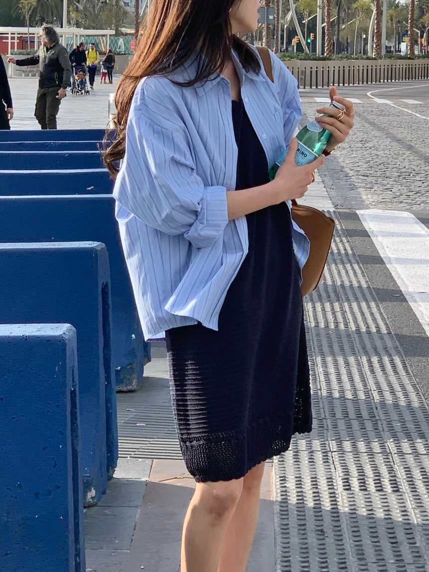 Sleeveless Crochet Knit Dress + Striped Shirt Set