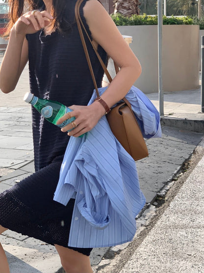 Sleeveless Crochet Knit Dress + Striped Shirt Set