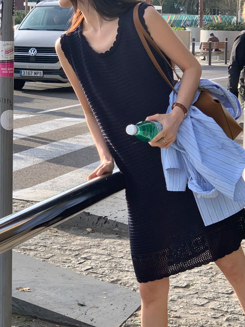 Sleeveless Crochet Knit Dress + Striped Shirt Set