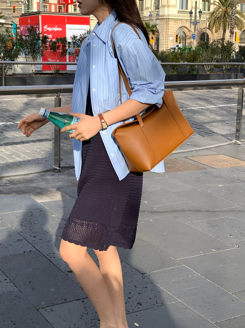 Sleeveless Crochet Knit Dress + Striped Shirt Set