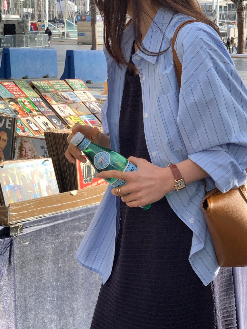 Sleeveless Crochet Knit Dress + Striped Shirt Set