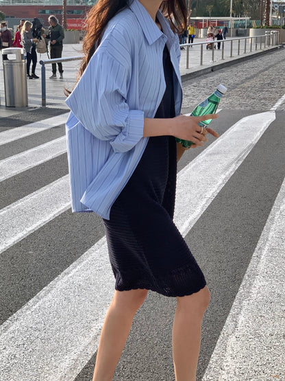 Sleeveless Crochet Knit Dress + Striped Shirt Set