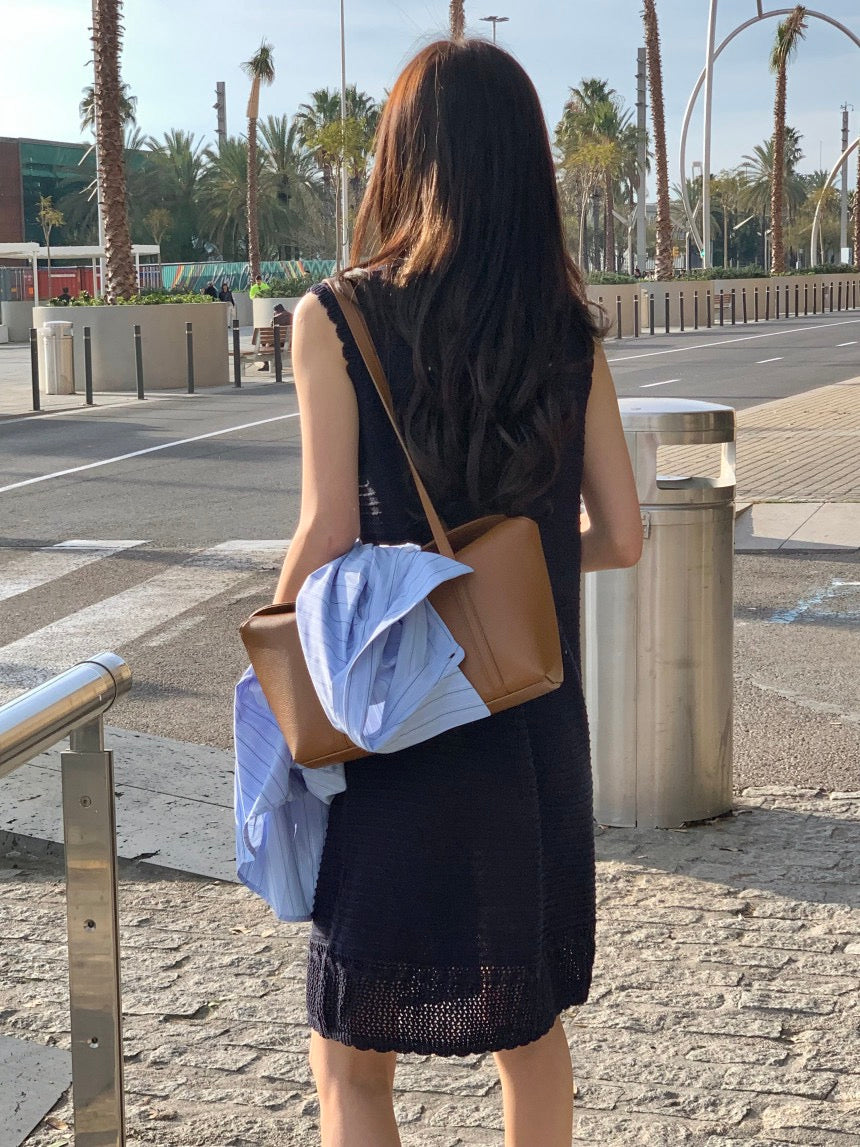 Sleeveless Crochet Knit Dress + Striped Shirt Set