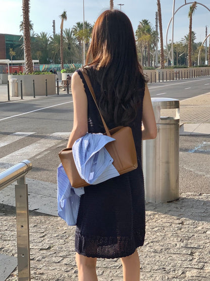 Sleeveless Crochet Knit Dress + Striped Shirt Set