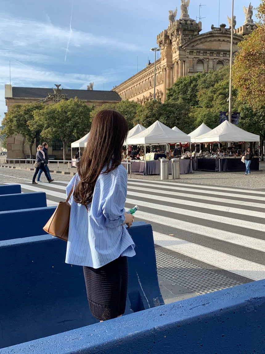 Sleeveless Crochet Knit Dress + Striped Shirt Set