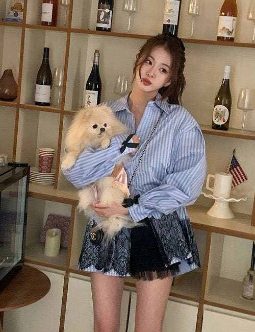 條紋蝴蝶結拼接蕾絲恤衫