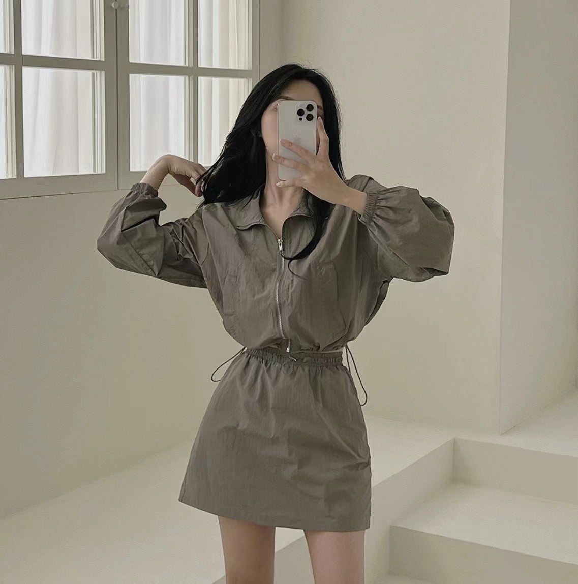 Casual Turn-down Collar Long Sleeve Jacket + High Waist Skirt Set